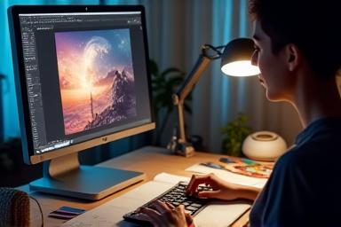 Ein Grafikdesigner, der ein Buchcover am Computer entwirft.