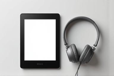 Ein E-Reader und Kopfhörer nebeneinander.