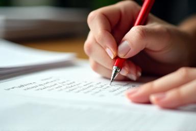 Eine Person, die ein Manuskript mit einem roten Stift korrigiert.